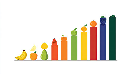 Illustration of a vibrant fruit chart showing various fruits arranged in colorful bars, representing growth trends in nutrition and healthy eating habits.の素材