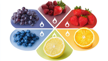 Vibrant display of fresh fruits including grapes, berries, and citrus. Each piece glistens with droplets, showcasing fresh and healthy options perfect for recipes or nutrition-related themes.の素材