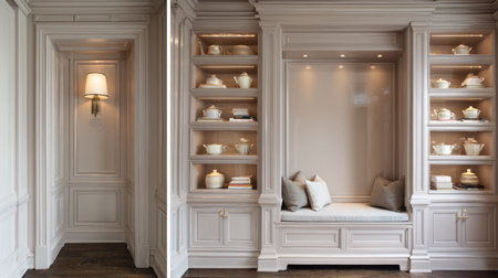 This elegant interior scene showcases a cozy nook featuring stylish shelving and ambient lighting, perfect for home decor inspiration and design ideas.の素材