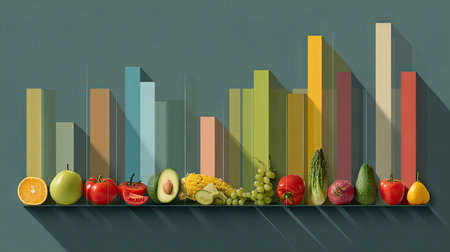 Creative and vibrant arrangement of fruits and vegetables alongside colorful bar graphs on a green background, symbolizing nutrition and healthy living.の素材