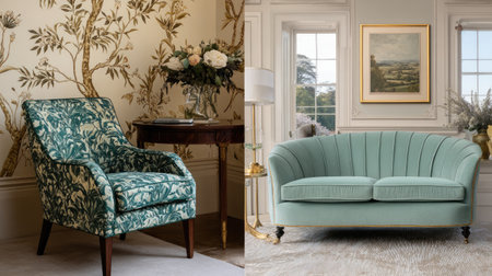 Discover a stunning interior scene featuring elegant vintage seating that blends floral upholstery with modern decor. Ideal for stylish home inspirations.の素材