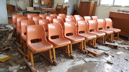 This image showcases an abandoned classroom filled with orange plastic chairs, surrounded by debris and dust, evoking a sense of decay and nostalgia.の素材