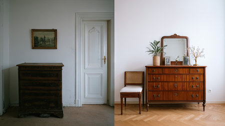 Explore the charming contrast between vintage furniture and a minimalistic interior. This image captures the elegance of classic design alongside modern simplicity.の素材