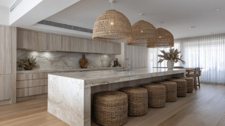 A stunning modern kitchen featuring a large stone island, natural textures, woven stools, stylish decor, and abundant natural light, creating a warm, inviting atmosphere.の素材