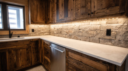 This image captures a beautifully designed rustic kitchen featuring stone walls and wooden cabinetry. The warm lighting adds a cozy and inviting atmosphere.の素材