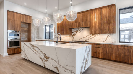 Discover a modern kitchen showcasing a stunning marble island, sleek wooden cabinetry, and stylish pendant lighting, perfect for contemporary living.の素材