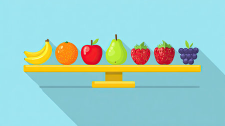 A visually appealing arrangement of colorful fruits on a yellow stand against a blue background. Ideal for concepts related to health, nutrition, and freshness.の素材