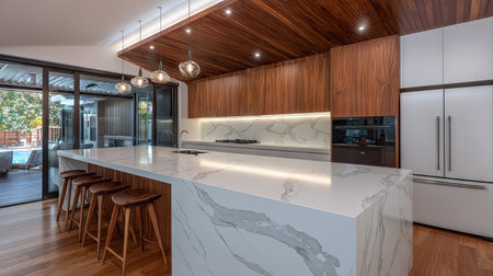 This image showcases a modern kitchen featuring a stunning marble countertop and sleek wooden cabinetry, designed for both style and functionality in a bright space.の素材
