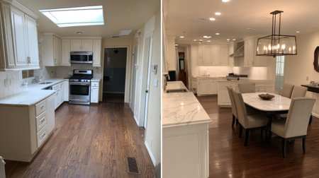 Stylish modern kitchen showcasing elegant fixtures, bright illumination, and a cozy dining area with marble countertops, perfect for family gatherings and cooking.の素材