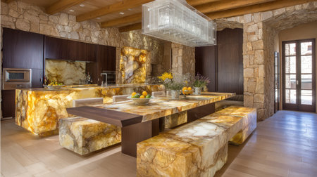 A stunning modern kitchen featuring exquisite stone countertops and elegant lighting. The warm colors and natural materials create a cozy and inviting atmosphere, perfect for dining.の素材