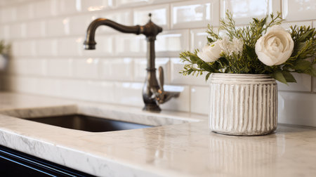 A stunning kitchen scene featuring a sleek marble countertop, an elegant faucet, and a charming floral arrangement, creating a harmonious and inviting atmosphere.の素材