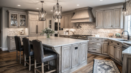 Discover an elegant modern kitchen featuring natural wood cabinets and stylish lighting fixtures. Perfect for home gatherings or culinary adventures.の素材