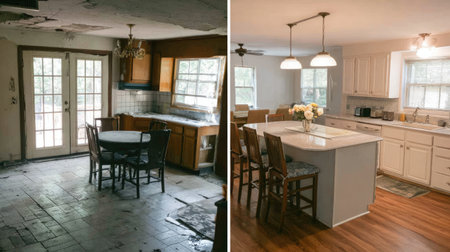 This image showcases a dramatic transformation from an abandoned kitchen to a modern, renovated space, highlighting interior design and home improvement.の素材