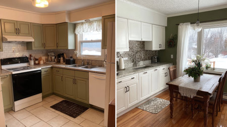 Explore a beautifully designed kitchen showcasing a green and white color scheme. The inviting space features modern appliances, stylish decor, and natural light.の素材