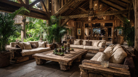 Experience the charm of a cozy rustic living room featuring wooden furniture, plush cushions, and tropical greenery, creating a warm and inviting atmosphere.の素材