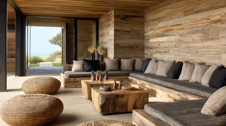 This inviting living room features natural wood elements, cozy seating, and a scenic view, creating a tranquil atmosphere perfect for relaxation and leisure.の素材