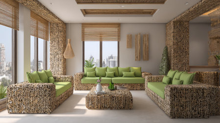 This modern living room features a stylish layout with cozy green cushions, natural light, and decorative elements, creating an inviting urban retreat.の素材