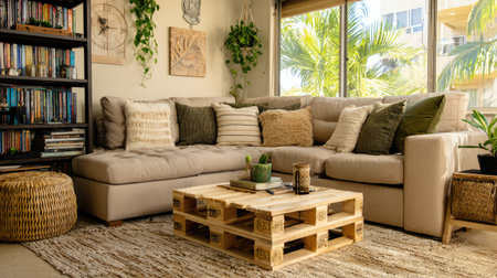 A serene and cozy living room featuring a plush sofa with decorative pillows, a rustic wooden coffee table, and lush greenery, ideal for relaxation.の素材