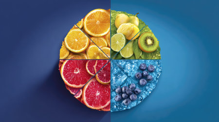 Vibrant circular arrangement of fresh fruits featuring oranges, lemons, kiwis, and blueberries. A striking visual representation of health and freshness.の素材