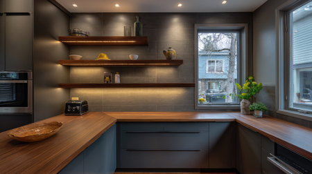 A stylish modern kitchen featuring wooden countertops and open shelves. The abundant natural light creates a warm and inviting atmosphere, perfect for cooking.の素材