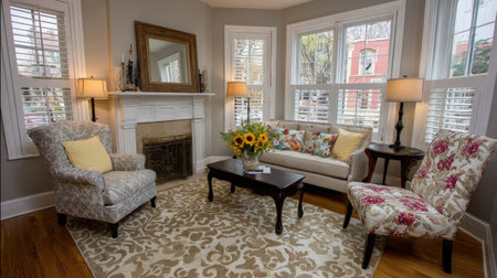 This inviting living room showcases a cozy decor style with floral accents, abundant natural light, and a warm atmosphere perfect for relaxation and gatherings.の素材
