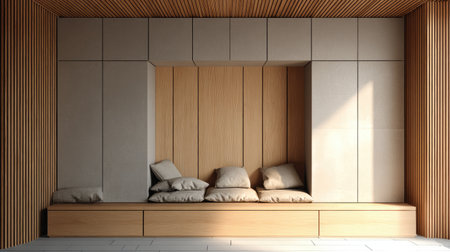 This modern minimalist nook features wooden panels and soft cushions, creating a cozy and inviting atmosphere. Perfect for relaxation and tranquil moments.の素材