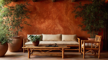A serene interior scene featuring bamboo furniture, lush plants, and a warm earthy wall, creating an inviting and relaxed atmosphere for any home setting.の素材