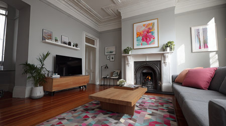 Discover a beautifully designed living room featuring modern furniture, stylish decor, and a cozy atmosphere. Natural light enhances the inviting space.の素材