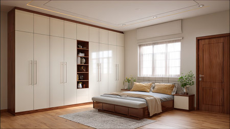 A serene modern minimalist bedroom featuring ample natural light, simple decor, warm wood tones, and stylish storage solutions for a tranquil retreat.の素材