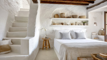 A tranquil minimalistic bedroom featuring soft textures and natural decor. The white walls and rustic elements create a serene atmosphere for relaxation.の素材