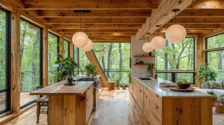 This image showcases a cozy modern kitchen featuring wooden accents, expansive windows, and views of lush greenery, creating a warm and inviting atmosphere.の素材