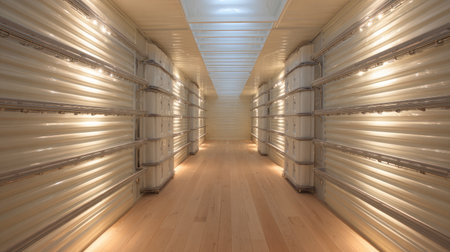 A modern minimalist interior featuring bright lighting and clean lines. The space highlights wood flooring and a serene atmosphere, emphasizing simplicity and elegance.の素材