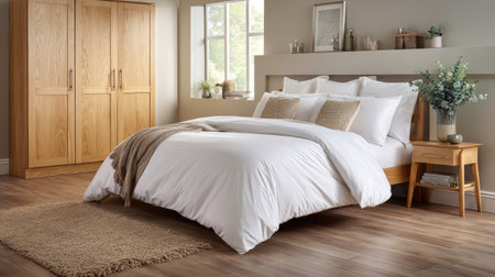 A cozy modern bedroom featuring soft bedding, stylish decor, and warm wooden furniture. Natural light fills the space, creating a serene atmosphere perfect for relaxation.の素材