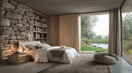 A modern cozy bedroom featuring natural light and a serene outdoor view. The stylish decor includes a stone wall, wooden elements, and a tranquil atmosphere.の素材