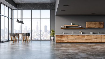 Spacious modern kitchen featuring large windows that showcase an urban skyline. Elegant wood accents, minimalistic decor, and a cozy atmosphere create a perfect space for cooking and entertaining.の素材