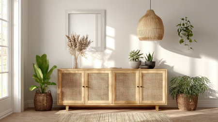A beautifully styled interior scene featuring a wooden cabinet, lush plants, and soft natural light, creating a peaceful and inviting atmosphere in the home.の素材
