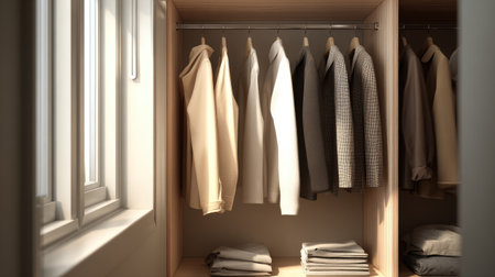 An organized wardrobe showcasing various garments hanging on wooden hangers, bathed in soft natural light, reflects a calm and stylish home interior.の素材