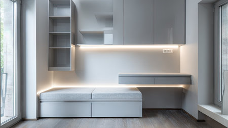 Sleek and modern interior featuring minimalist furniture and soft lighting. This space showcases innovative storage solutions and a cozy atmosphere perfect for relaxation or work.の素材