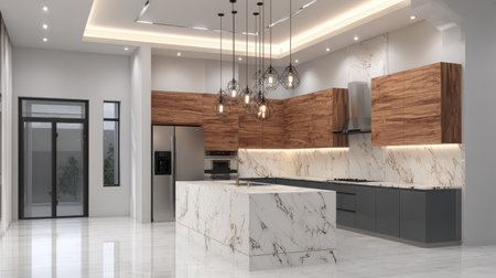This modern kitchen features stunning marble countertops, sleek wood accents, and ambient lighting, creating a stylish and inviting space for cooking and entertaining.の素材