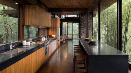 This modern kitchen showcases sleek design featuring bamboo accents and expansive windows that invite natural light, creating a warm and inviting ambiance.の素材