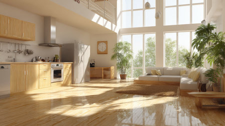 A bright and spacious interior showcasing a modern kitchen and living room design. Abundant natural light highlights wooden elements and plants, creating a cozy, inviting atmosphere.の素材