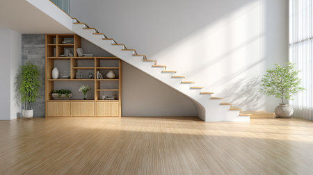 Spacious interior featuring a sleek staircase, warm wood flooring, and elegant natural light. A minimalist design emphasizes comfort and tranquility, perfect for modern living.の素材