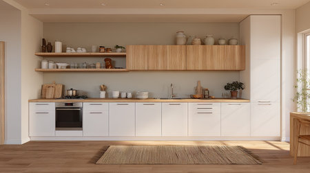 Discover a modern minimalist kitchen that blends functionality and elegance. Featuring natural wood elements, clean lines, and ample storage for a serene cooking space.の素材