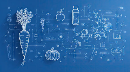 A captivating illustration showcasing healthy foods such as carrots, tomatoes, and pumpkins, intertwined with scientific elements, emphasizing nutrition and wellness on a vibrant blue background.の素材