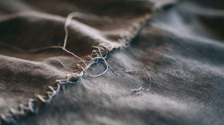 A close-up view of textile fabric showcasing intricate stitching and loose threads, emphasizing the craftsmanship and texture of the material in a soft, natural light.の素材