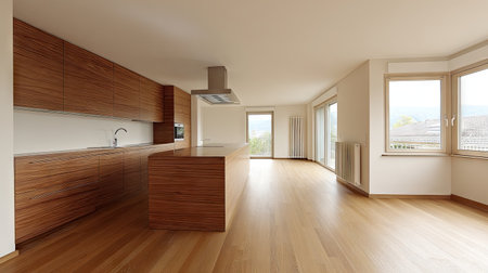 Spacious modern kitchen featuring sleek wooden cabinets and large windows that provide ample natural light, perfect for a stylish and inviting home environment.の素材