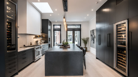 This modern black kitchen features a sleek design with an open space concept, elegant countertops, and stylish appliances, creating a functional and inviting atmosphere.の素材