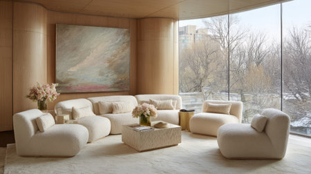 A cozy modern living room featuring elegant furnishings and large windows, allowing natural light to fill the space. The minimalist decor enhances comfort while showcasing beautiful artwork and floral arrangements.の素材