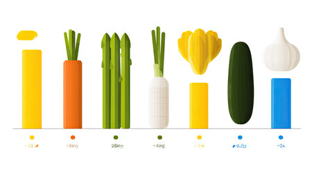 Vibrant illustrations of various vegetables displayed with weight indicators. Ideal for health, nutrition, and cooking content, showcasing freshness and variety.の素材