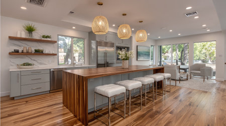 This modern kitchen features an inviting design with stylish lighting, wooden accents, and spacious layout, perfect for family gatherings and culinary creations.の素材